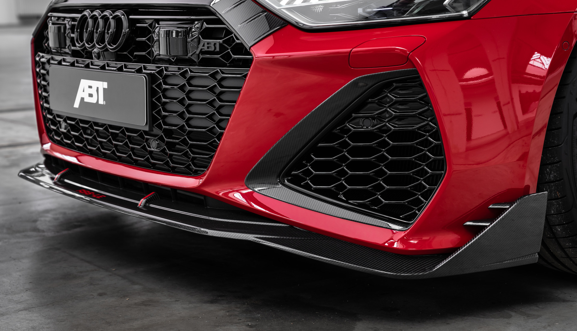 Close-up front view of red RS6-LE