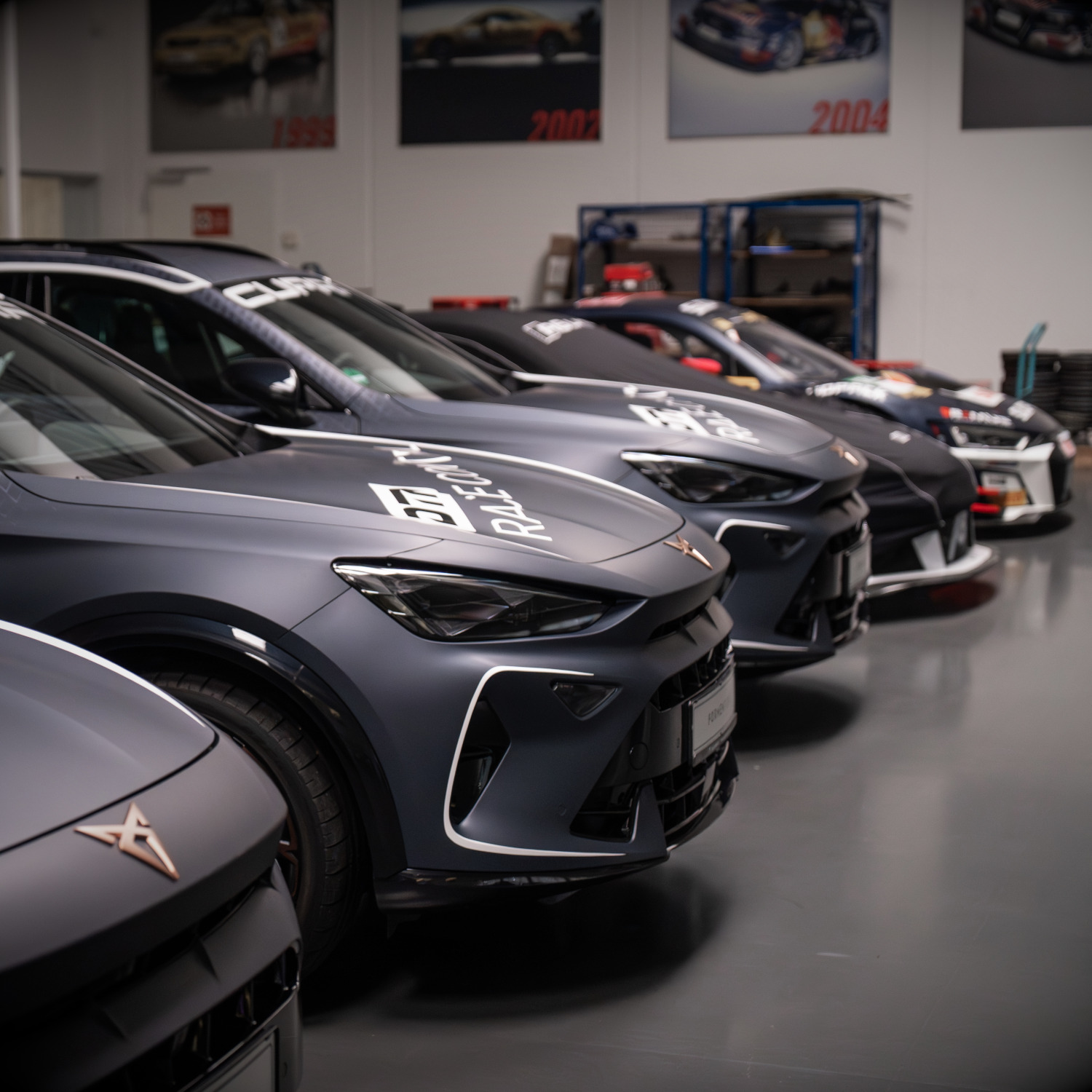 Frontal lateral view of safety cars lined up