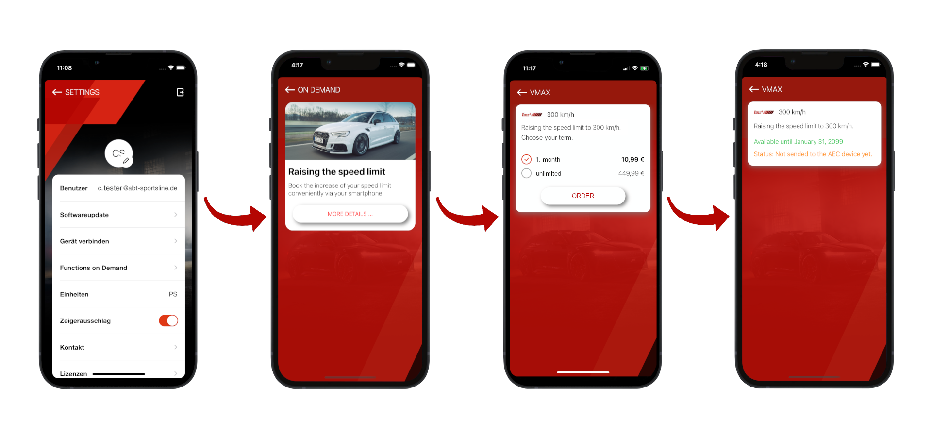 Four smartphones with explanation of the various steps to increase Vmax